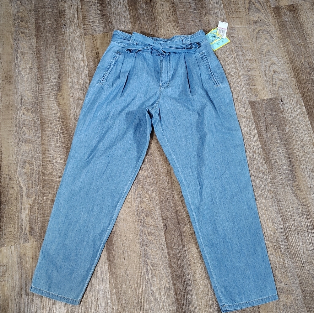 CeCe Pleated Tie Waist Cropped Denim Pants Womens Size 6 NWT